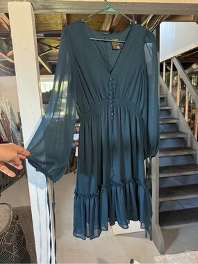 Taylor Teal V-Neck Long Sleeve Mini Dress